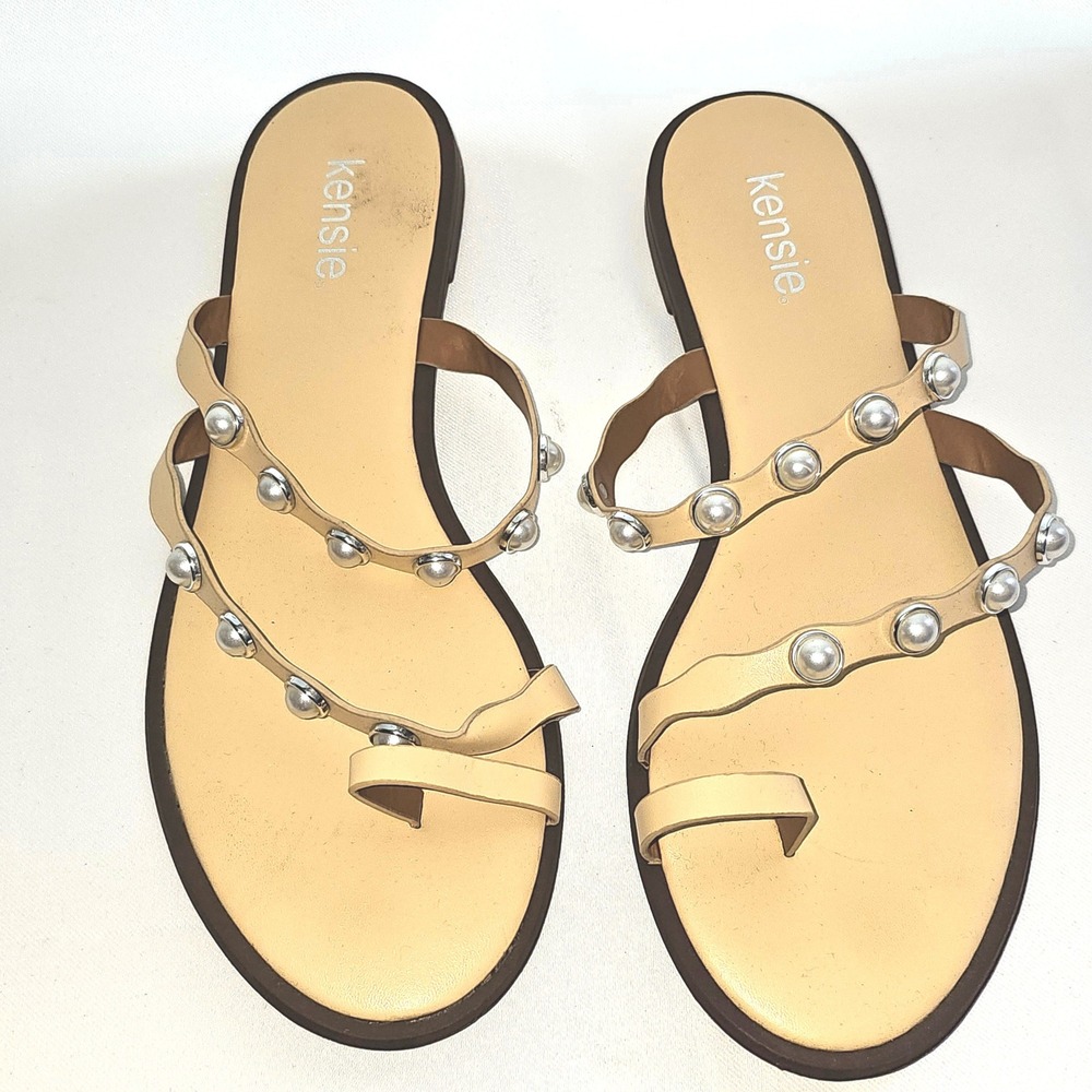 Kensie Womens Beige Faux Pearl Studded Toe Loop Strappy Flat Sandals Size 10